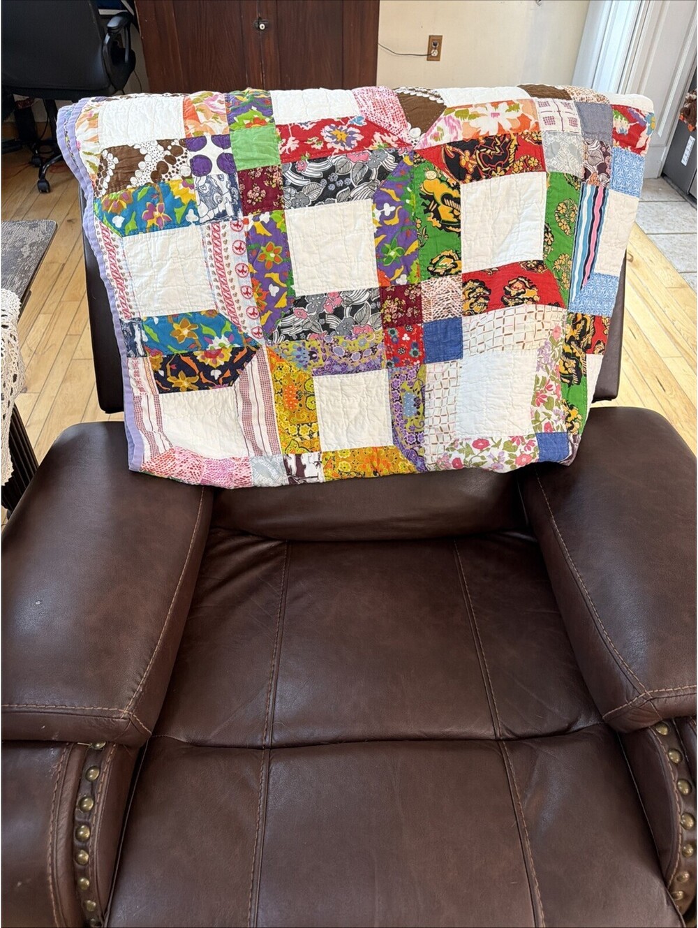VTG 1970s Quilt Hand Stitched Squares Awesome Retro Fabrics Colorful 56x77” - Picture 14 of 15